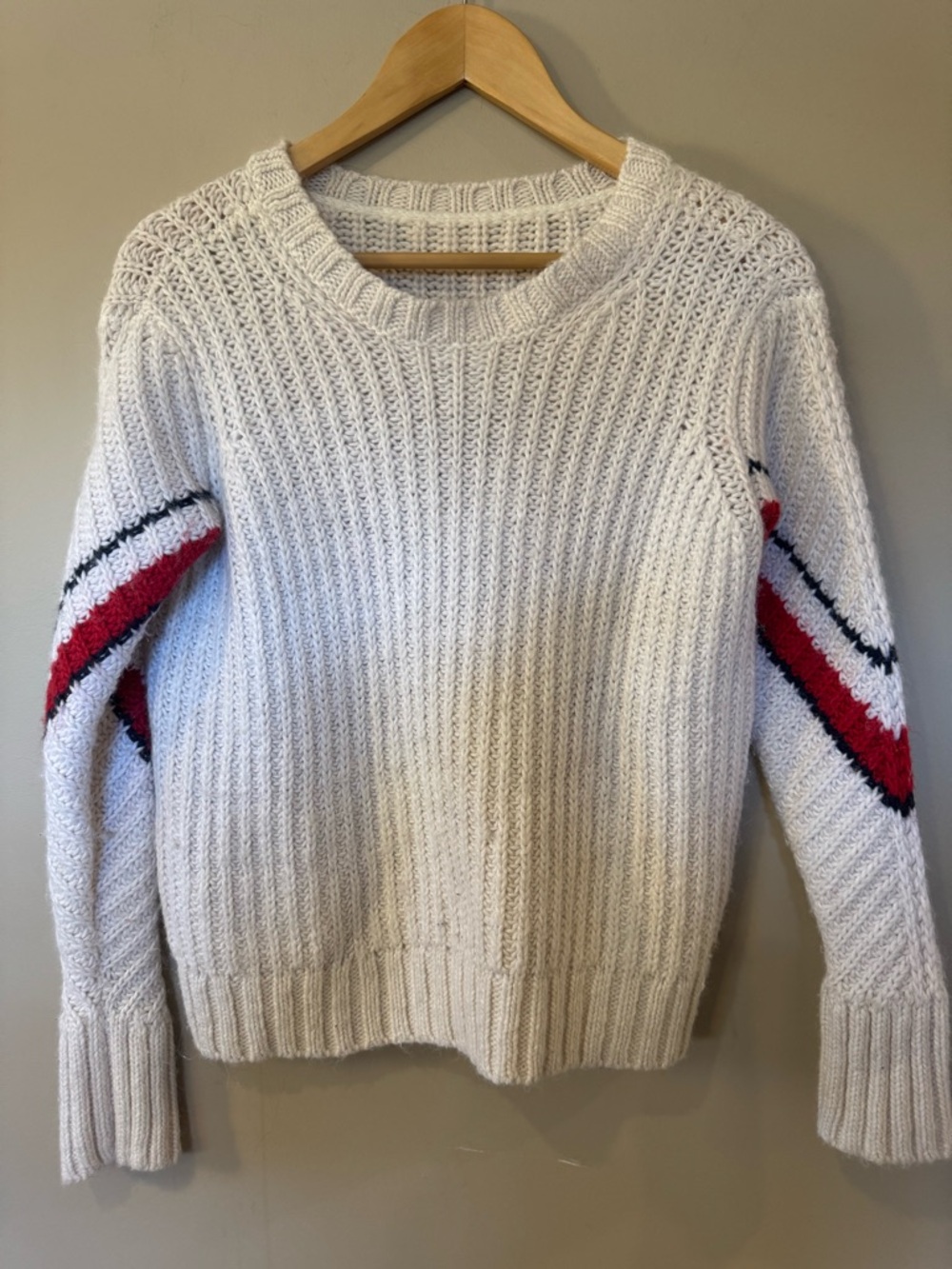 Tommy Hilfiger Cream Crewneck Sweater with Red & Black Sleeve Chevrons